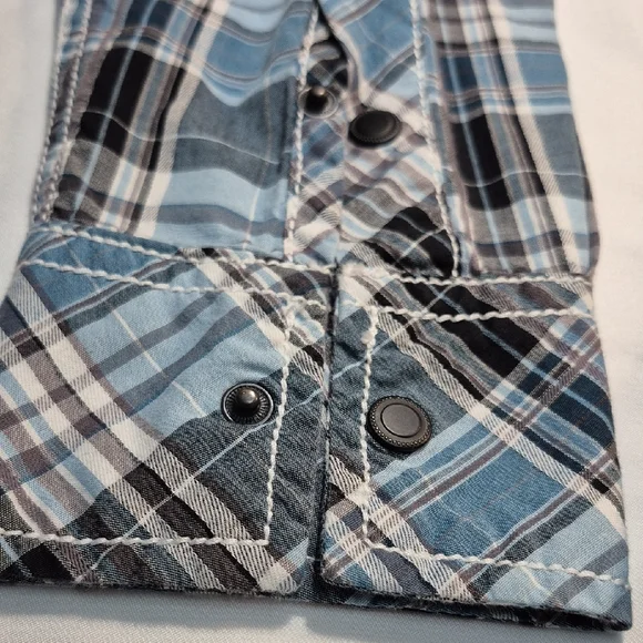 Buckle Black, Long Sleeve Black Label  Blue and Black Plaid Snap Down Mens Shirt - Picture 9 of 16